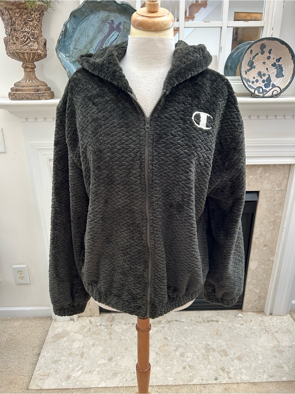 Champion Oversized Dark Green Sherpa/Fleece  Zip Hoodie
